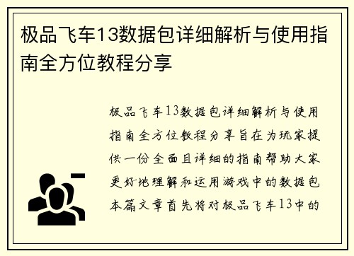极品飞车13数据包详细解析与使用指南全方位教程分享